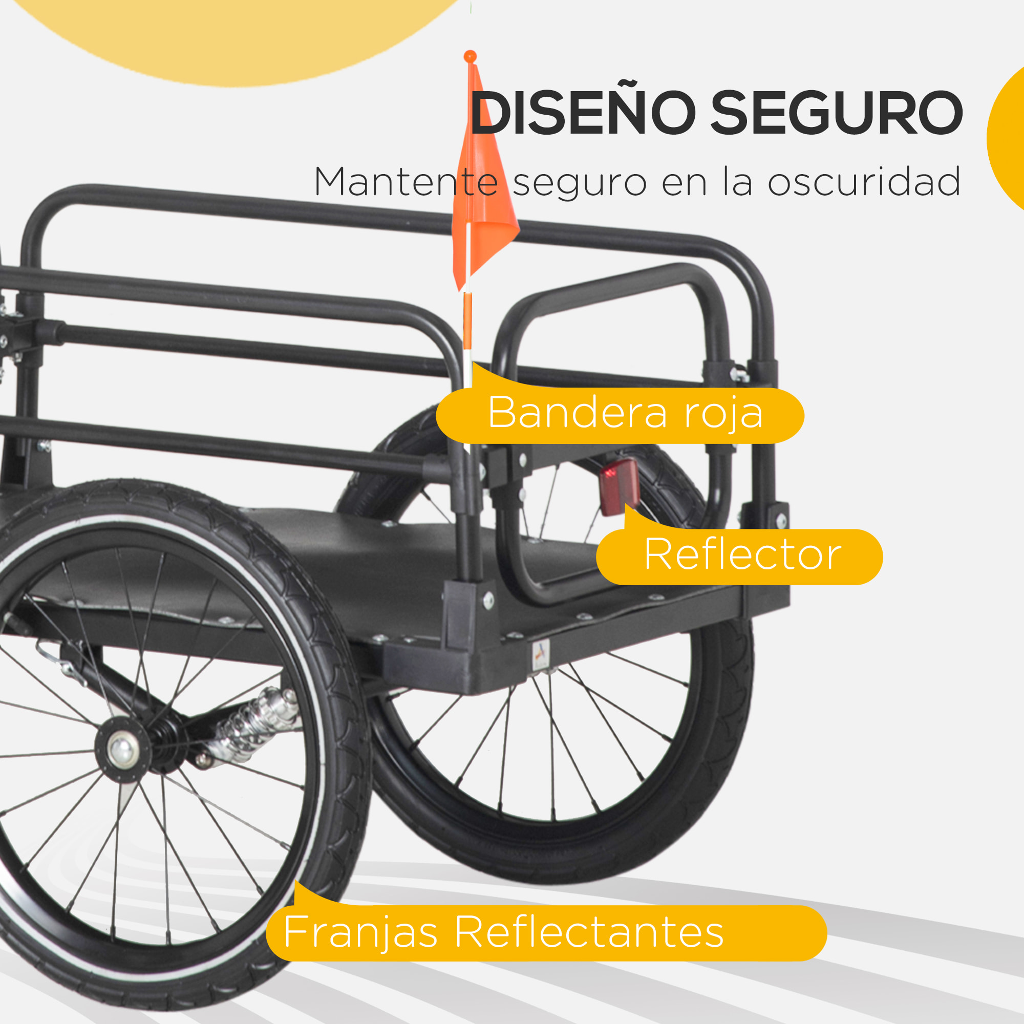 Remolque de Carga para Bicicleta Carro para Bicicleta Desmontable con 2 Ruedas Reflectores y Bandera Marco con Amortiguador Capacidad de 70L Carga 40 kg 125x64x53,5 cm Negro