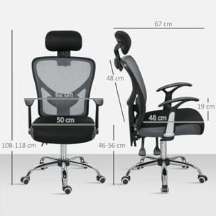 Silla de Escritorio Giratoria Silla de Oficina con Altura Ajustable Respaldo Reclinable Reposacabezas Regulable y Soporte Lumbar Tapizado en Malla Transpirable Gris Oscuro