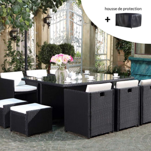 Salon de jardin 10 places noir-blanc + housse de protection REGINA