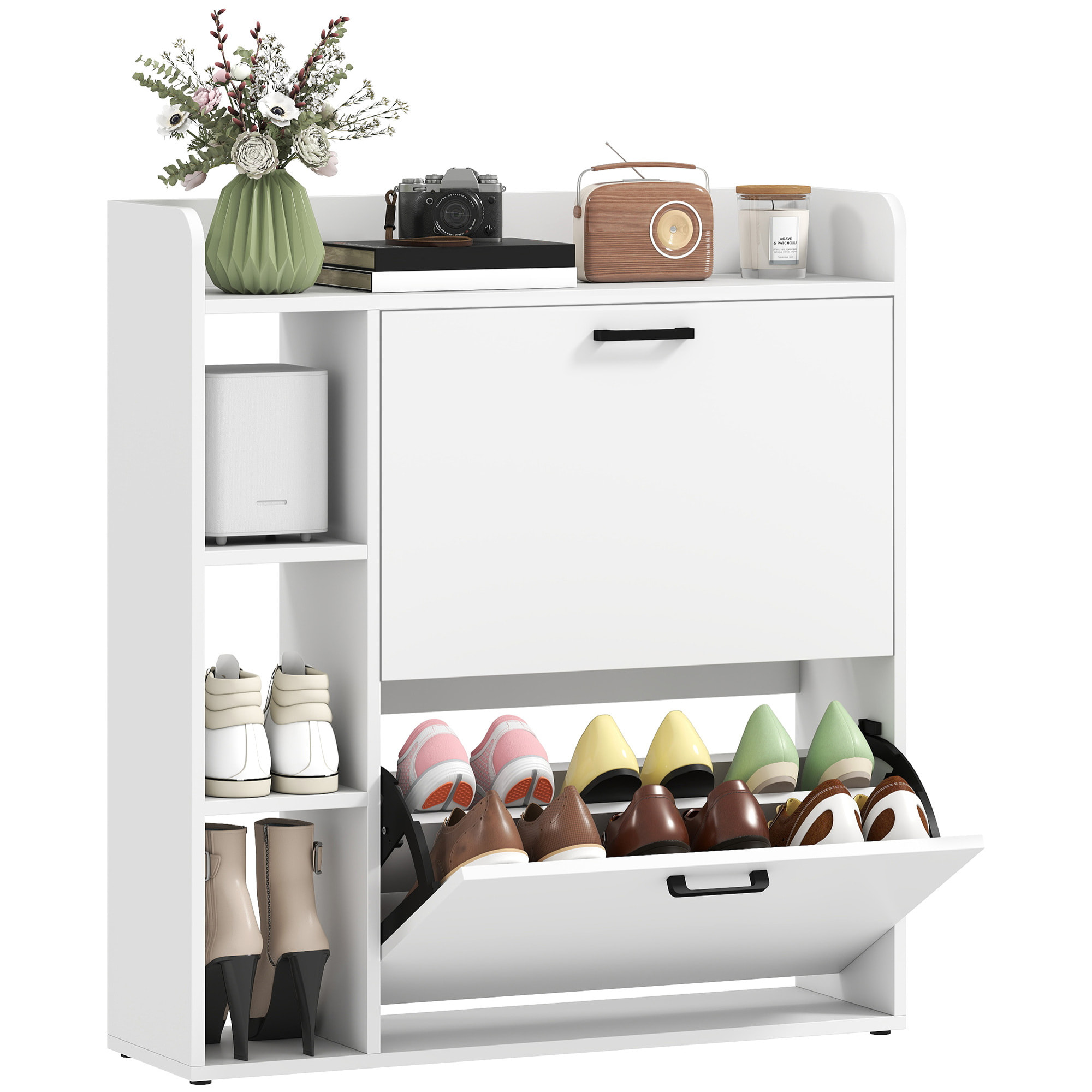 Zapatero Estrecho 2 Puertas, Mueble Zapatero con 3 Estantes Laterales y Estantes Ajustables, para 15 Pares de Zapatos, para Pasillo, Entrada, Espacio Reducido, 83x24x90,5 cm, Blanco