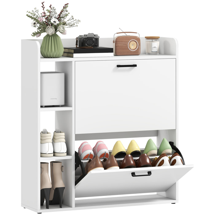 Zapatero Estrecho 2 Puertas, Mueble Zapatero con 3 Estantes Laterales y Estantes Ajustables, para 15 Pares de Zapatos, para Pasillo, Entrada, Espacio Reducido, 83x24x90,5 cm, Blanco