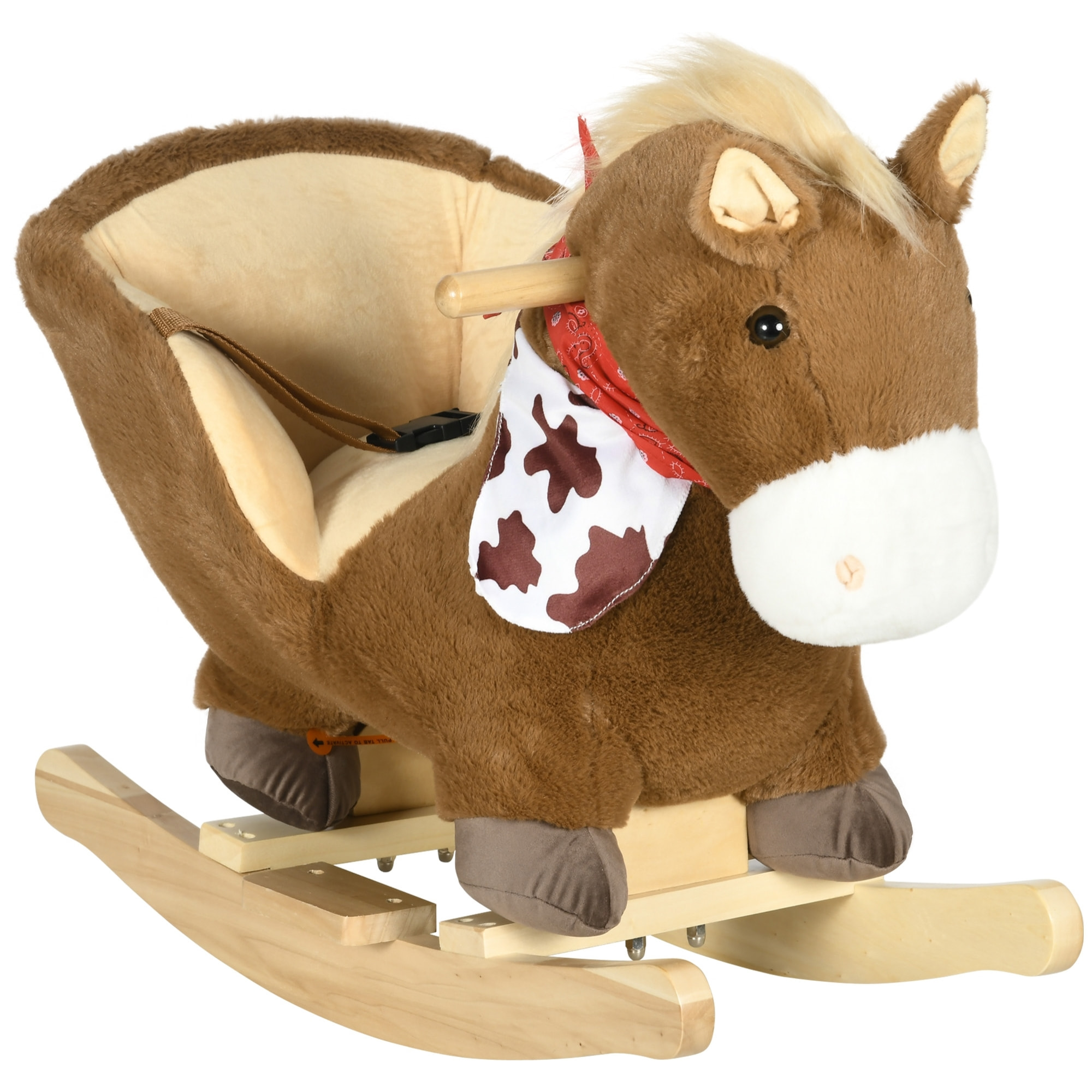 Cheval à bascule cowboy siège grand confort intégré avec ceinture bandanas effet sonore bois peluche marron