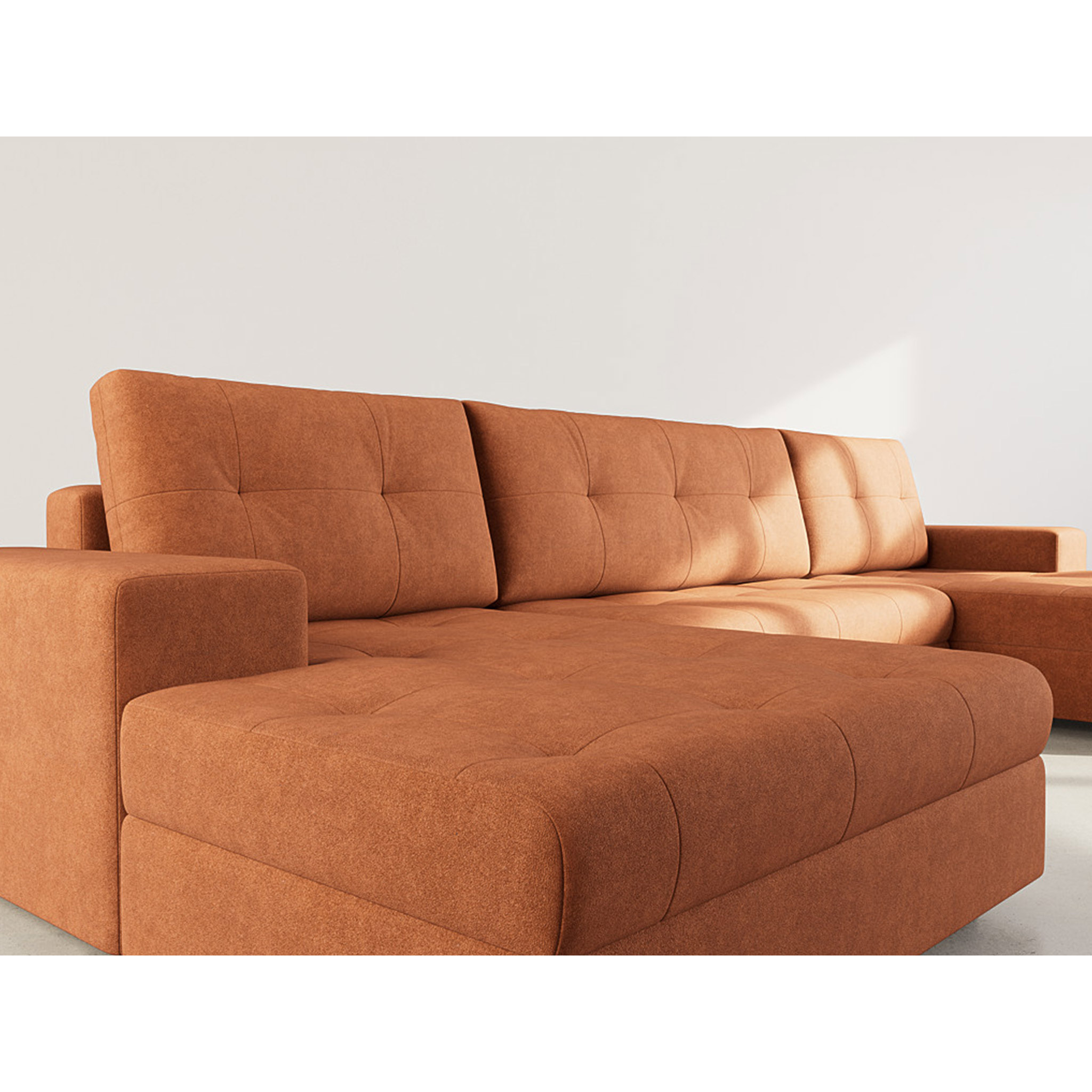 Bastian - canapé panoramique en U 7 places convertible avec coffre en velours texturé - Terracotta