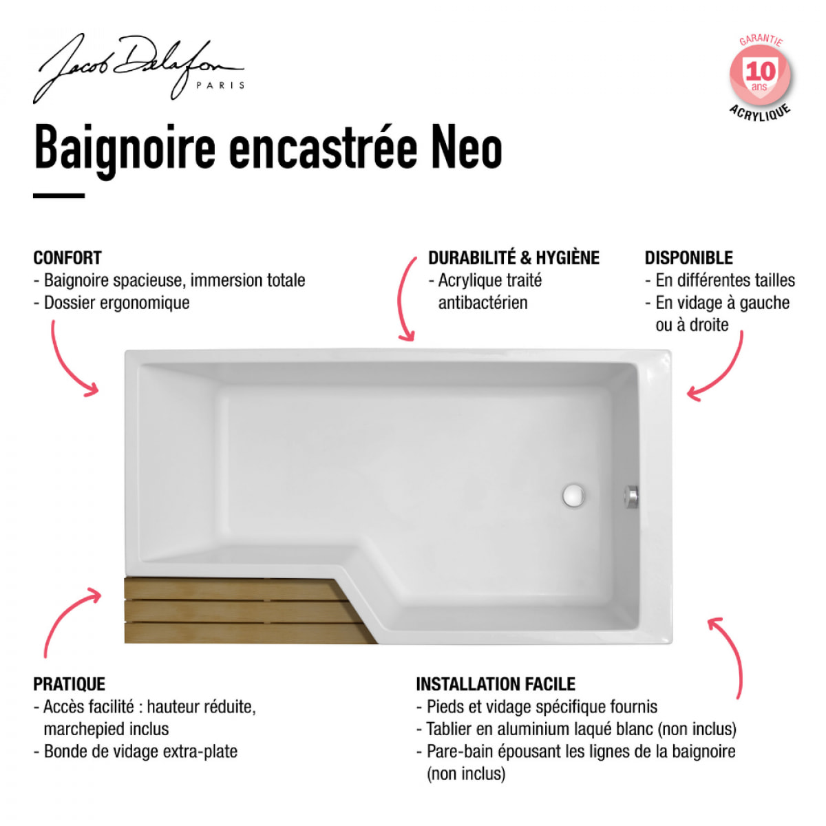 Baignoire antidérapante bain douche Neo blanc mat + pare bain chromé + tablier