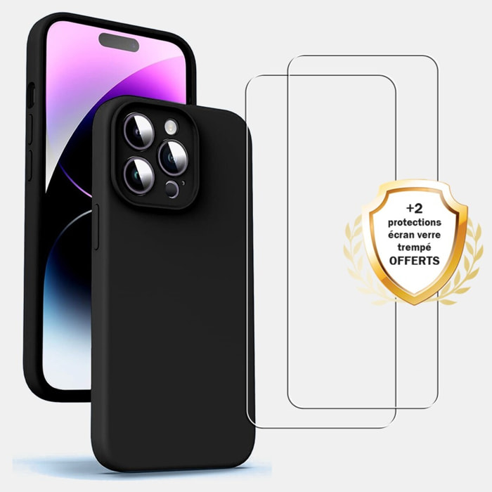 Coque iPhone 15 Pro Silicone liquide Noire + 2 Vitres en Verre trempé Protection écran Antichocs