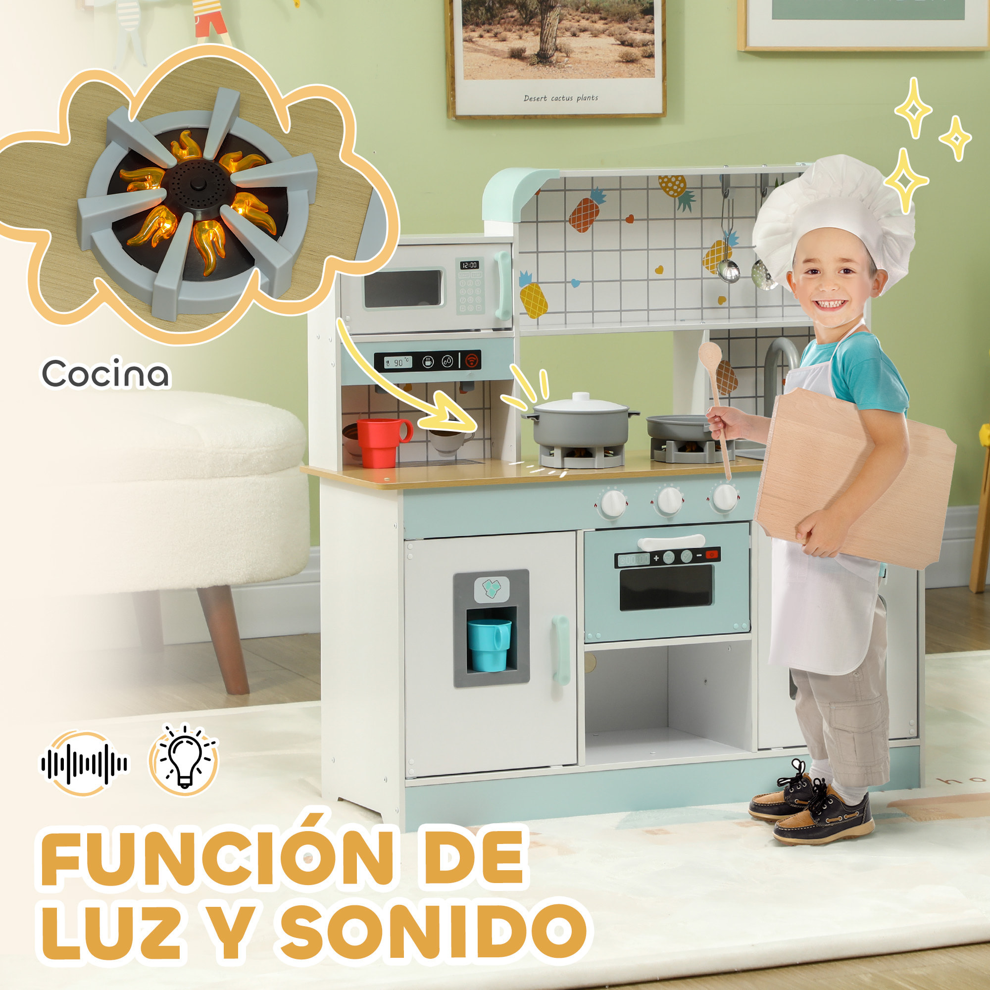Cocina de Juguete para Niños +3 Años Cocina de Madera Infantil Cocinita Infantil con Sonido Fogón Grifo Fregadero Microondas Cafetera Máquina de Hielo y Accesorios de Cocina Blanco