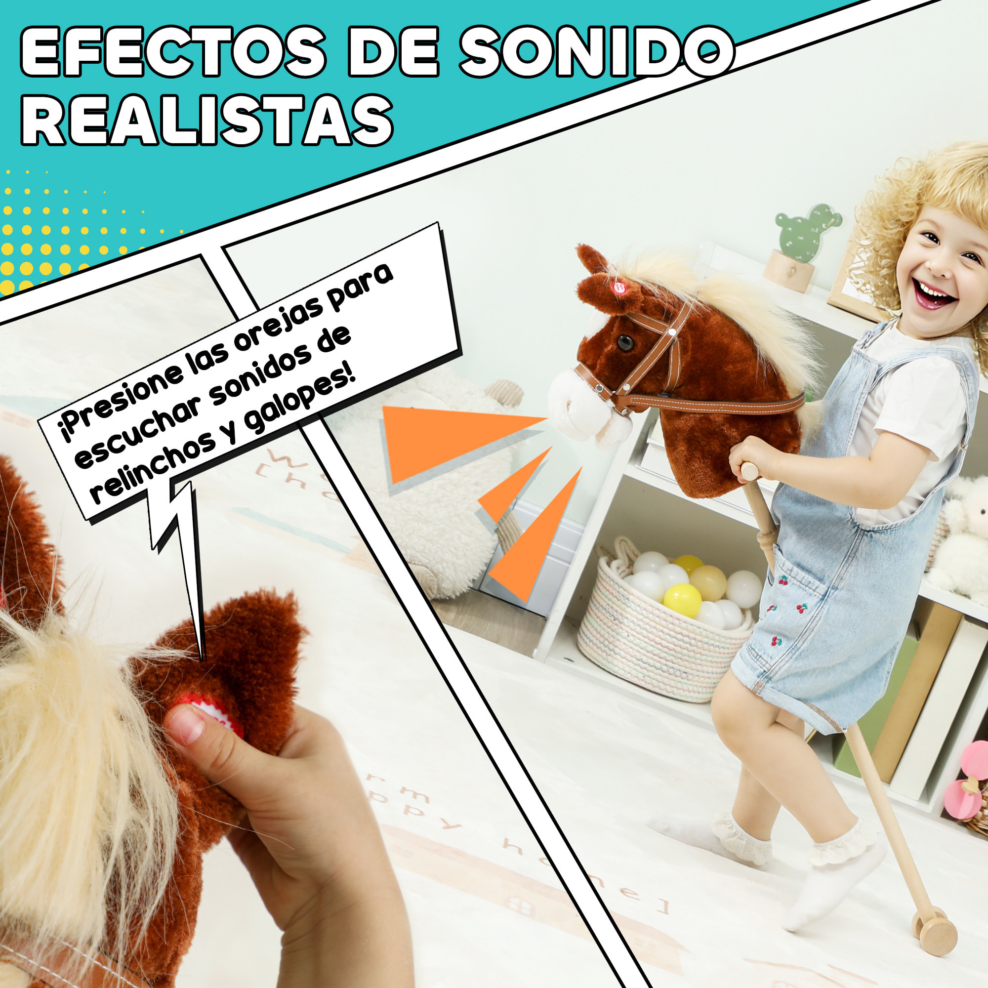 Cabeza de Caballo con Palo de Madera, Sonidos y Ruedas, Caballo de Juguete, 95 cm de Altura, Marrón