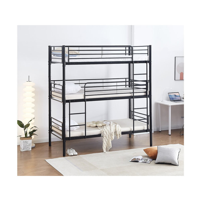 Lit superposé en métal triple "HAVIN" - 90 x 190 cm - Noir