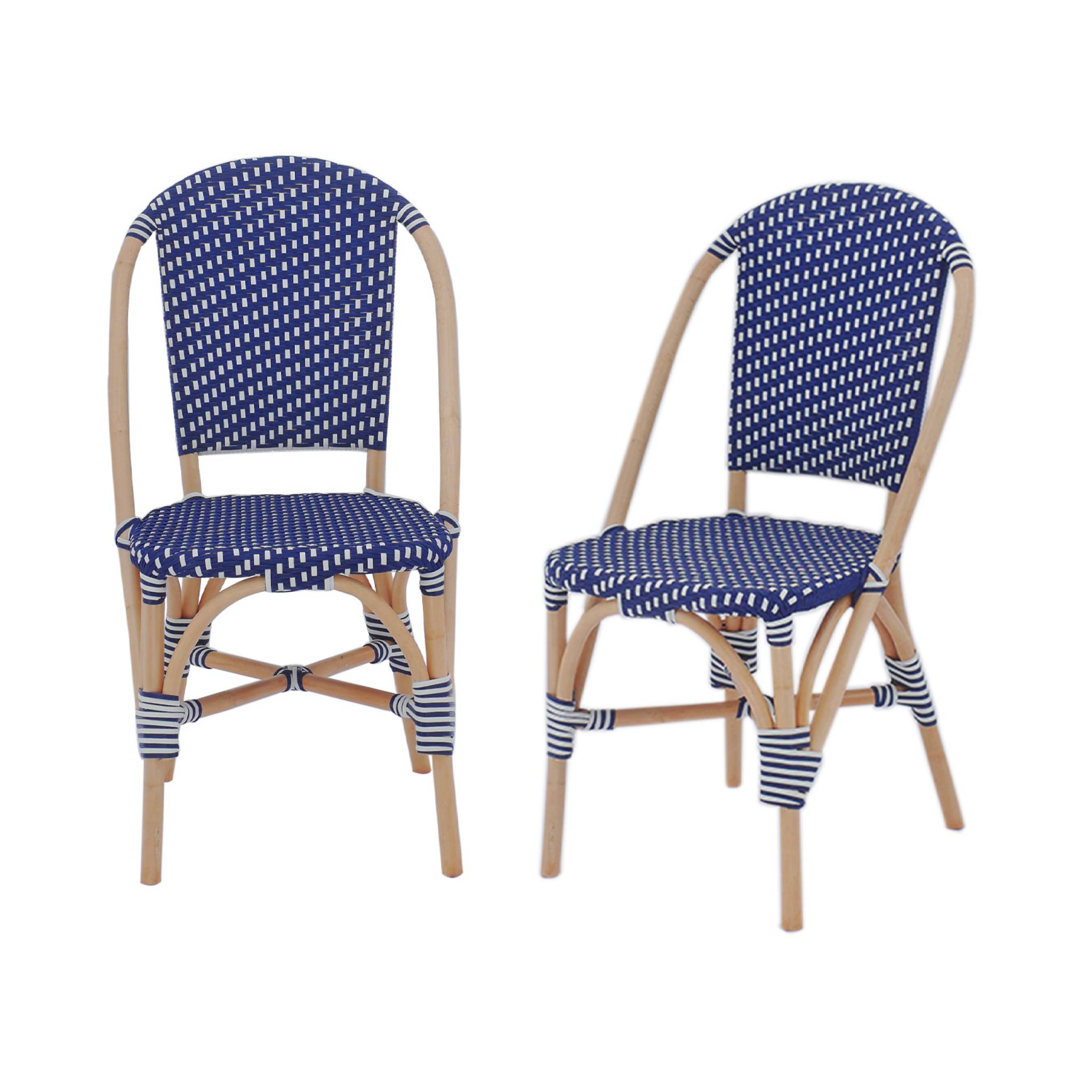 Lot de 2 chaises empilables bistrot en rotin et polyrotin bleu et blanc. L 48 x P 58 x H 90cm