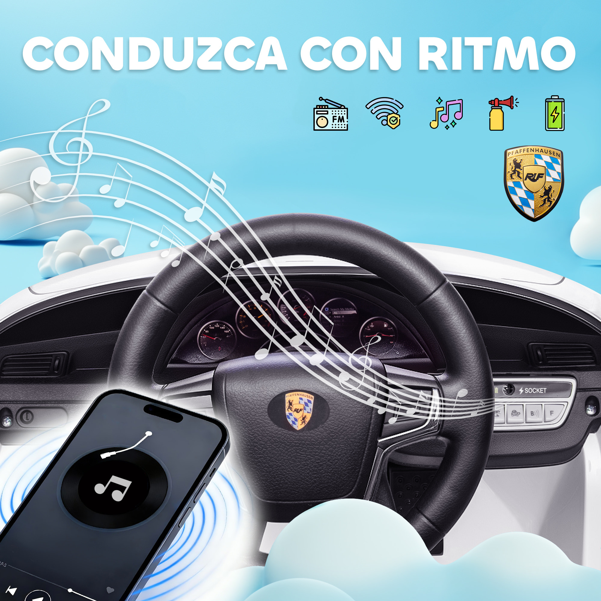 Coche Eléctrico para Niños con Licencia RUF CTR 3 Clubsport, Coche de Batería 12V, con Mando a Distancia 2,4 G, Motor Doble, Música Inalámbrica, Bocina, Ruedas Auxiliares y Faros LED, Blanco