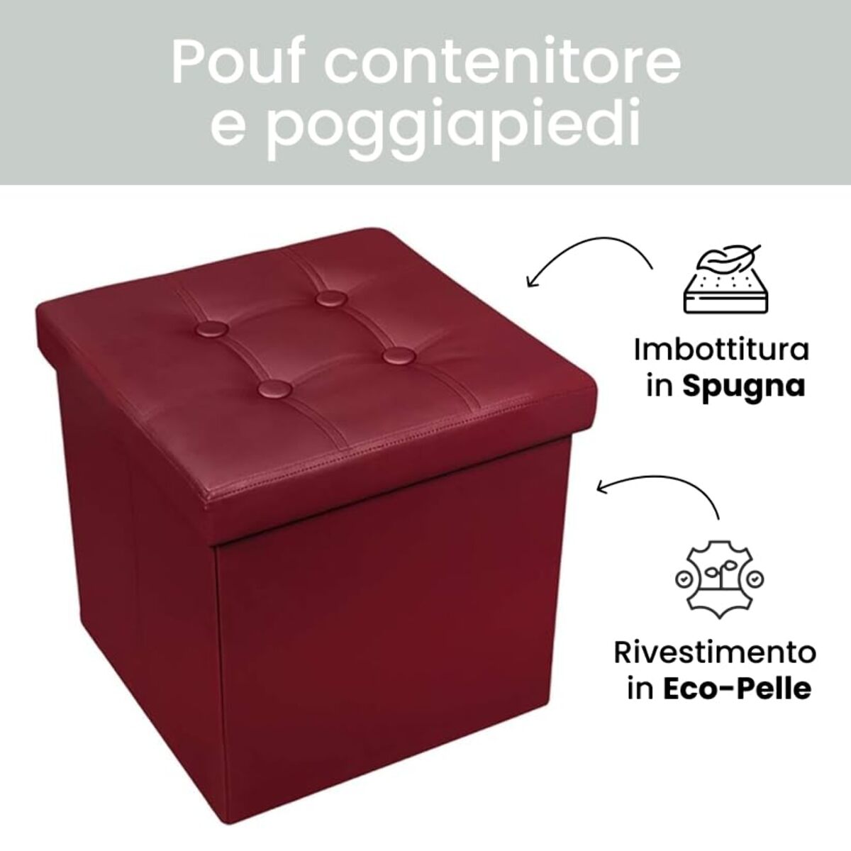 Pouf Contenitore, Puffo per Sedersi, Pouf Poggiapiedi, in Ecopelle, Quadrato, Imbottito, Versatile, Facile da Pulire.