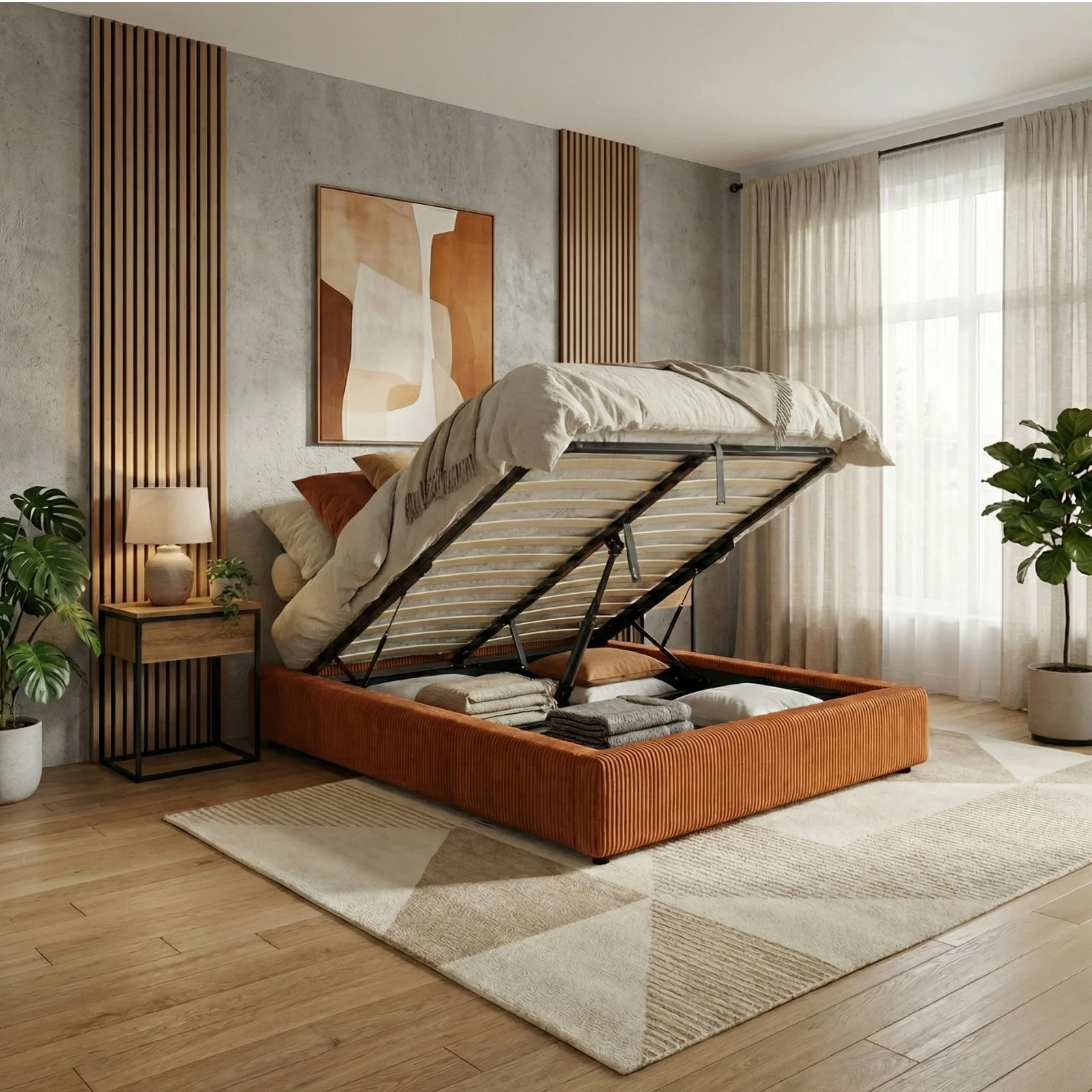 Lit coffre Futura | Ouverture électrique avec télécommande | Espace de stockage jusqu'à 900 L | Velours Côtelé | Terracotta