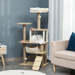 Árbol Rascador para Gatos Torre de Escalada con Plataformas Hamaca Escalera Cueva Postes para Rascar de Yute Bola Colgante Juego y Descanso 60x40x130 cm Beige