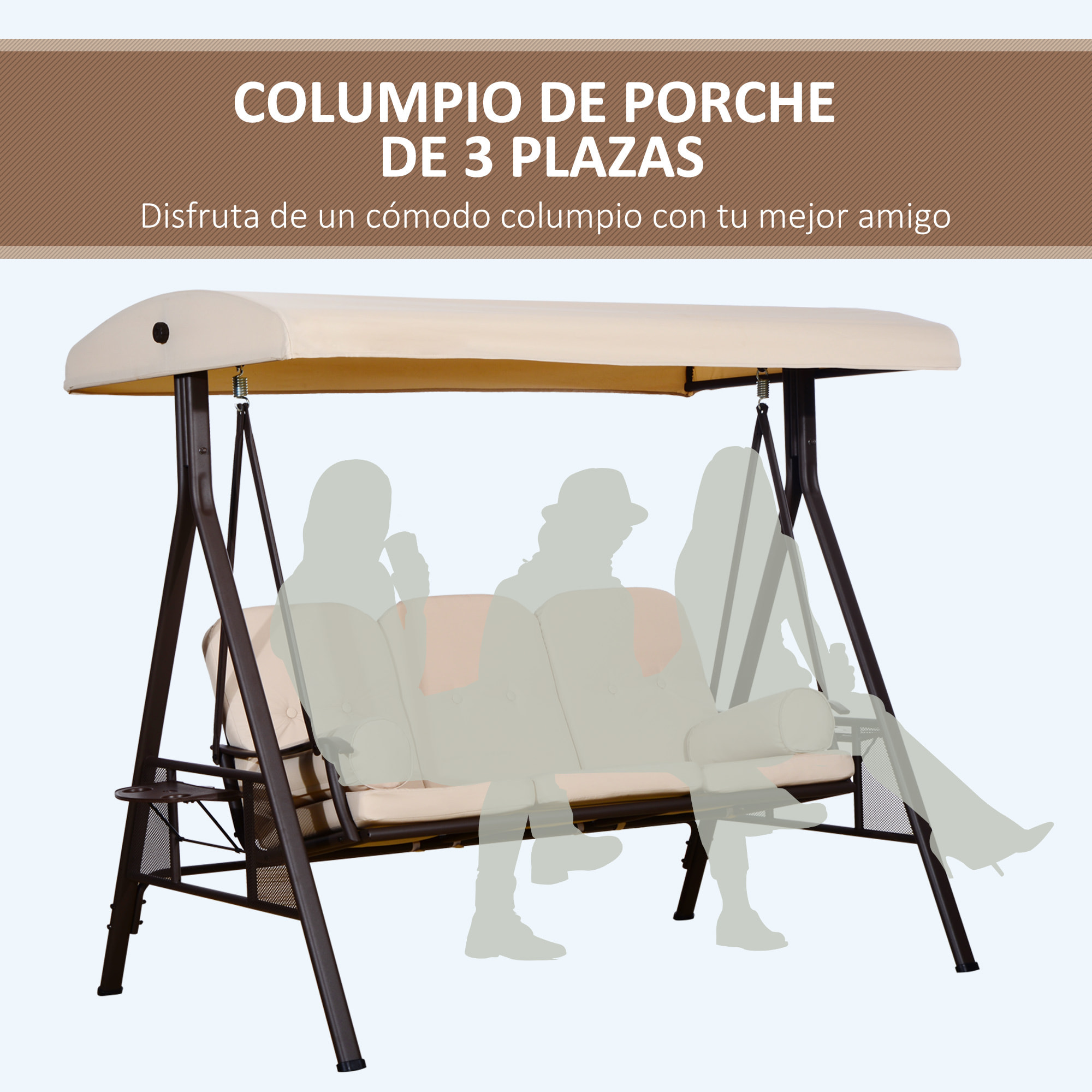 Columpio Balancín Jardín 3 Plazas con Techo Bandeja para Bebida 120.5x207x174cm