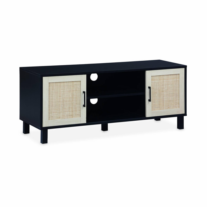 Meuble TV noir et cannage 115 x 40 x 48cm - Bianca - 2 niveaux - portes coulissantes