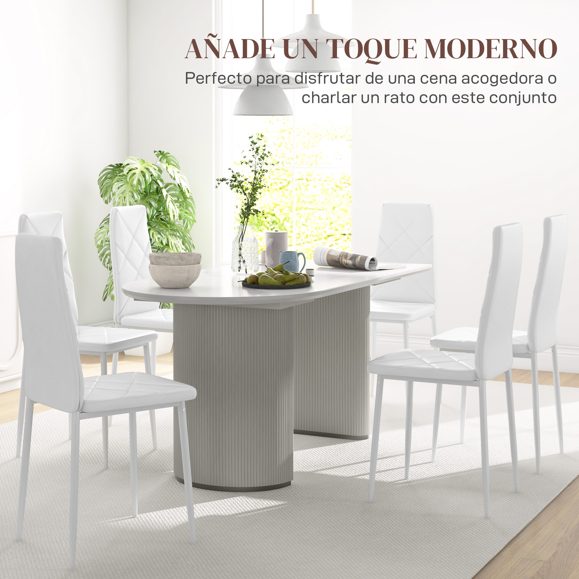 Pack de 6 Sillas de Comedor, Sillas de Cocina Modernas, Tapizadas de Cuero Sintético, Respaldo Alto, Asiento Acolchado, Patas de Acero, Blanco