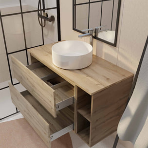 Meuble de salle de bains 100cm TIMBER Décor Chêne 2 Tiroirs et Module - Vasque Ronde Blanche