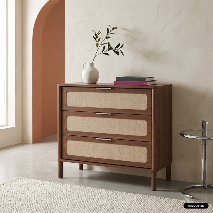 Commode vintage décor bois et cannage 3 tiroirs ETTA
