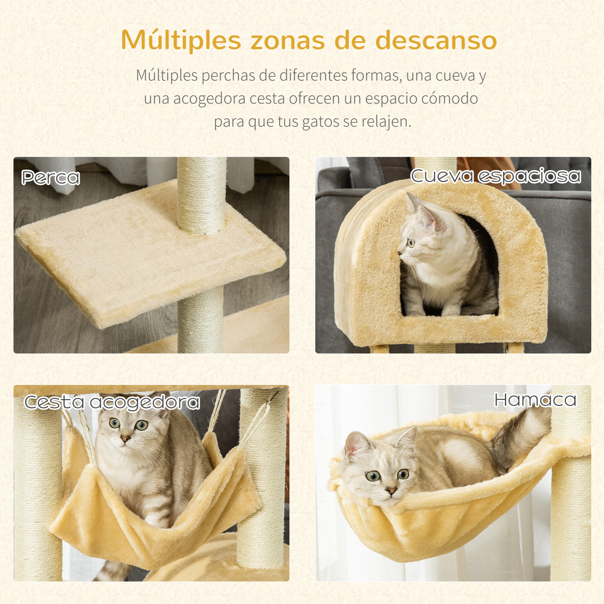 árbol Rascador para Gatos 98 cm con Cueva Hamaca Escalera Postes de Sisal Beige