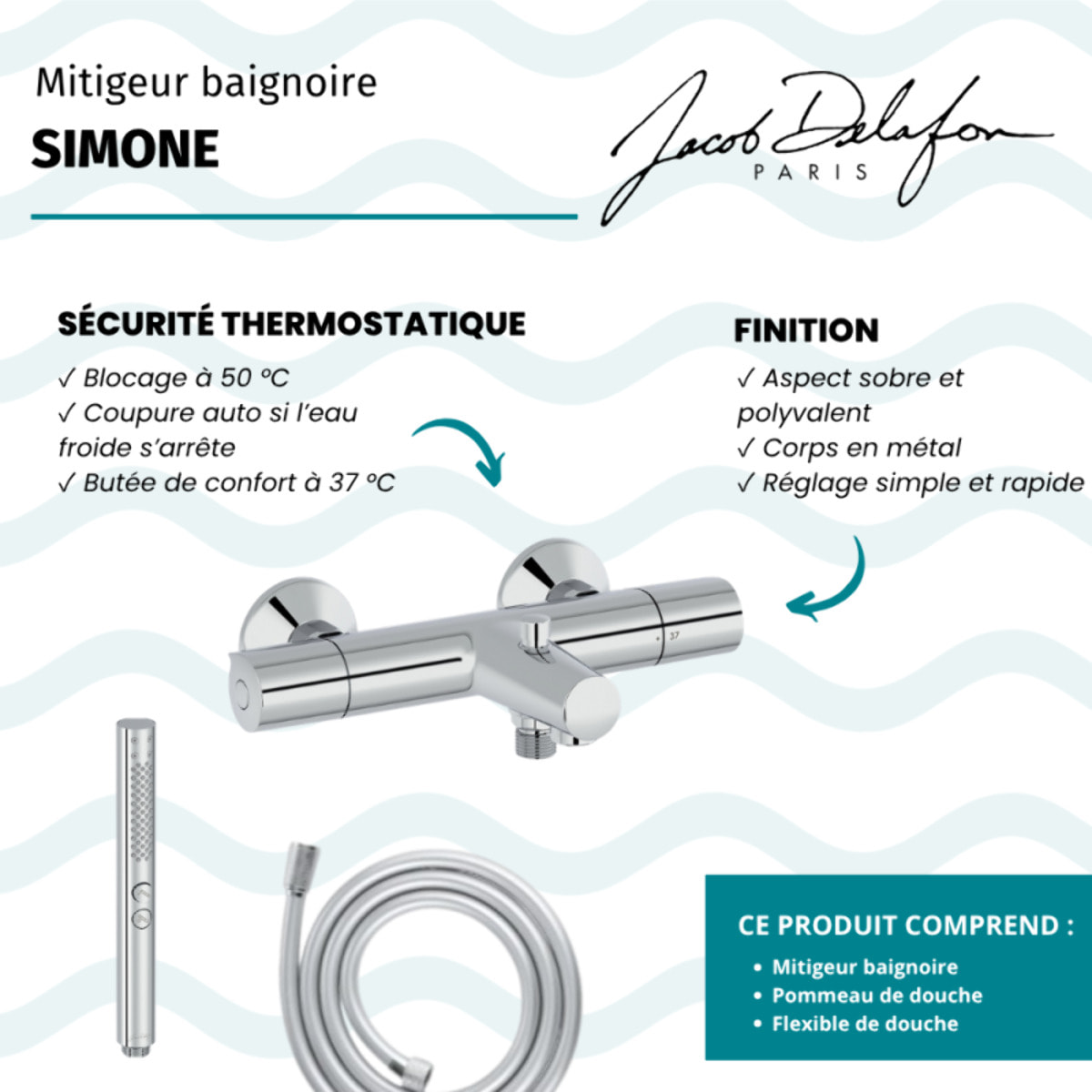 Mitigeur baignoire Simone + pommeau de douche Shift+ rond + flexible de douche lisse