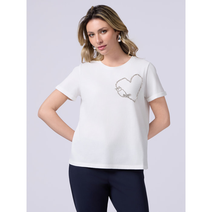 Oltre - T-shirt in cotone con ricamo gioiello - Bianco