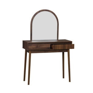 Coiffeuse décor bois LINEAR miroir arrondi 2 tiroirs 90 cm. façade striée. Noyer