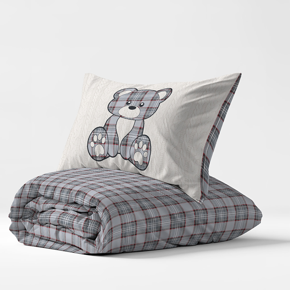 Parure copripiumino orsetto tartan inverno grigio 100% cotone