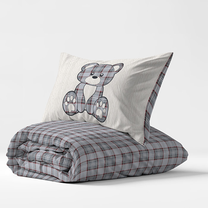 Parure copripiumino orsetto tartan inverno grigio 100% cotone