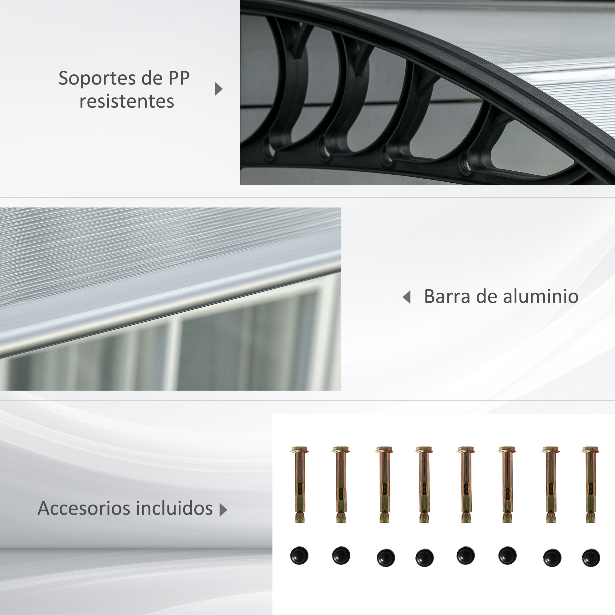 Outsunny Tejadillo de Protección 300x96 cm Marquesina Exterior para Puertas y Ventanas contra Sol y Lluvia con Soporte de Aleación de Aluminio PP Policarbonato Transparente