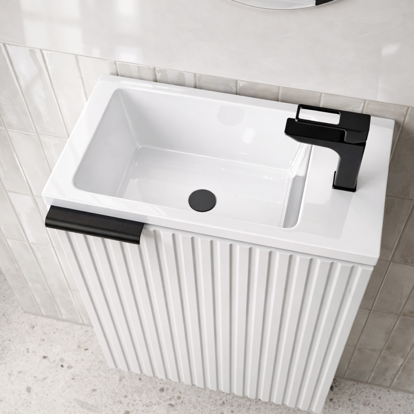 Ensemble meuble lave mains MDF ondulé blanc 40x50x22cm et miroir ovale - MILO