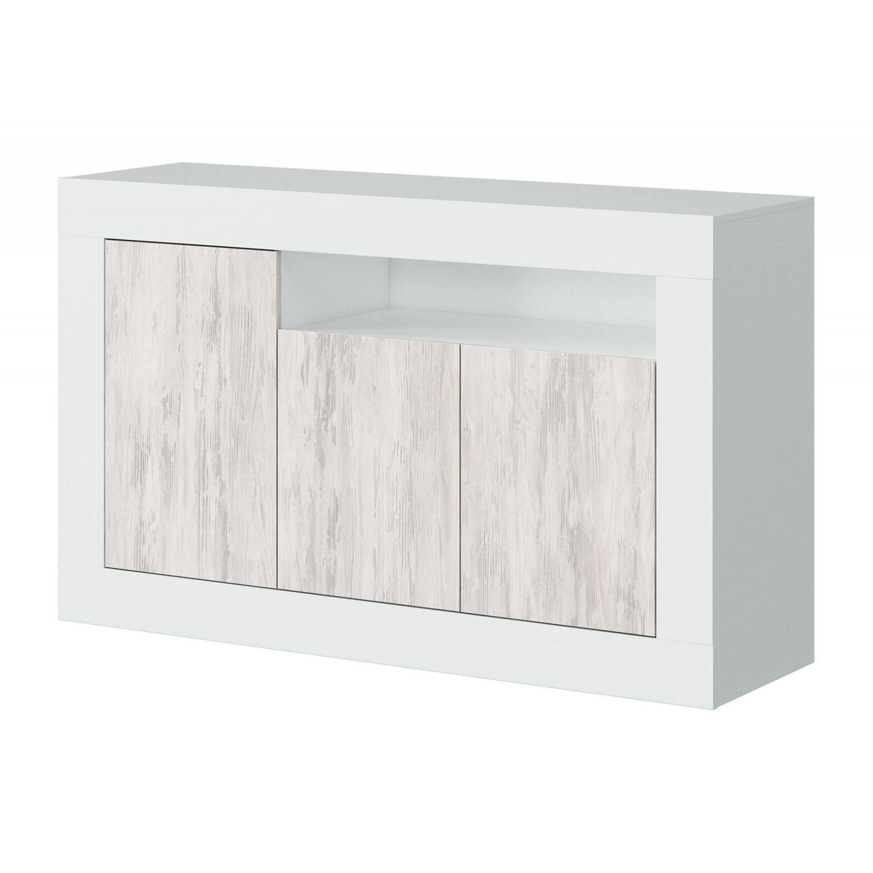 Credenza Thornton, Madia moderna a 3 ante, Buffet da soggiorno con scomparti, Madia da salotto, Mobile Porta TV, cm 144x42h87, Bianco