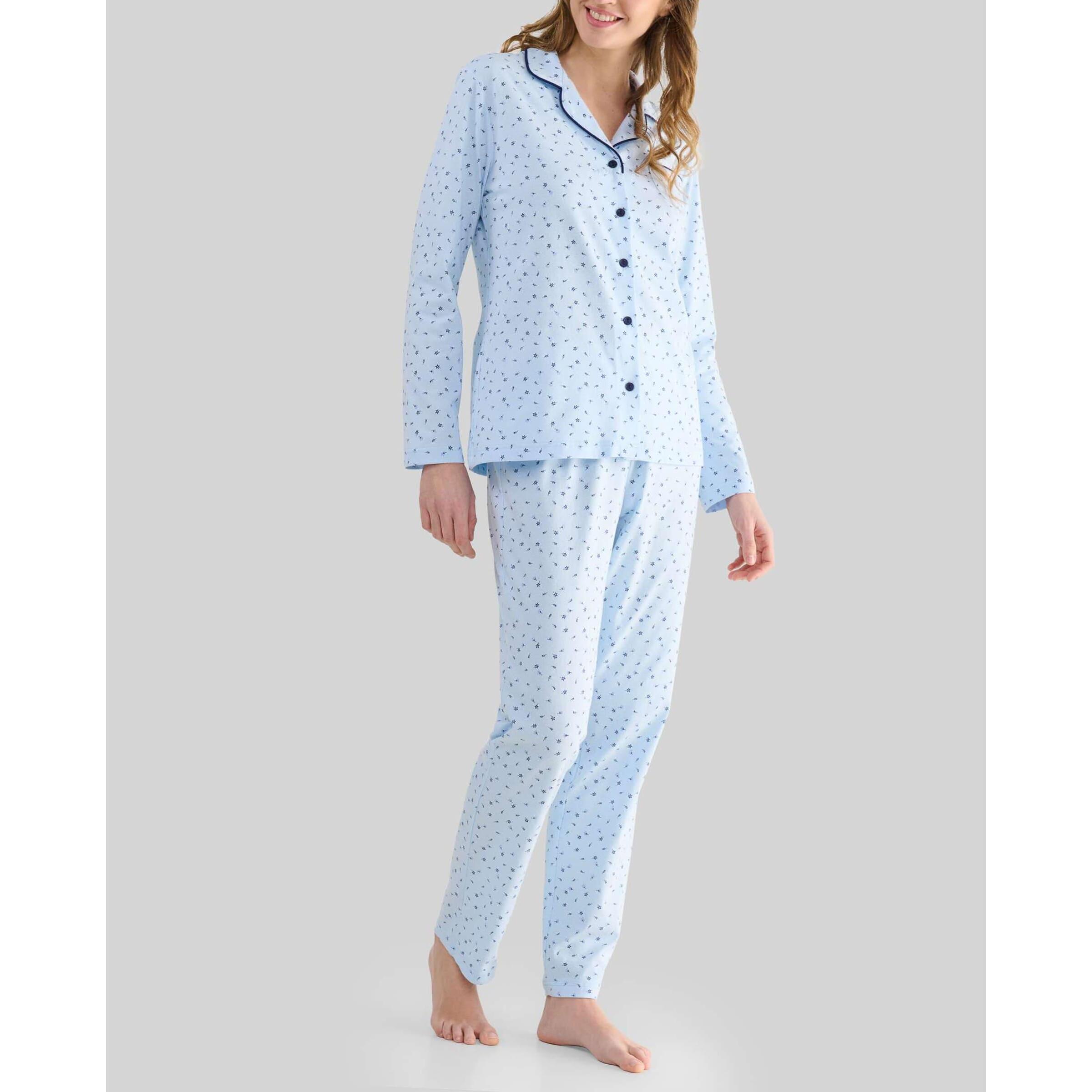 Pijama mujer estampado florecitas, abierto con botones, cuello de solapa con vivo, manga larga y pantalón largo