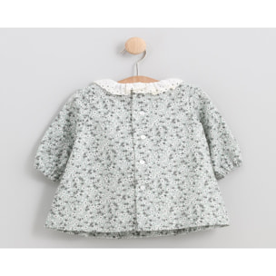 Vestido cuello volante bordado flor verde agua