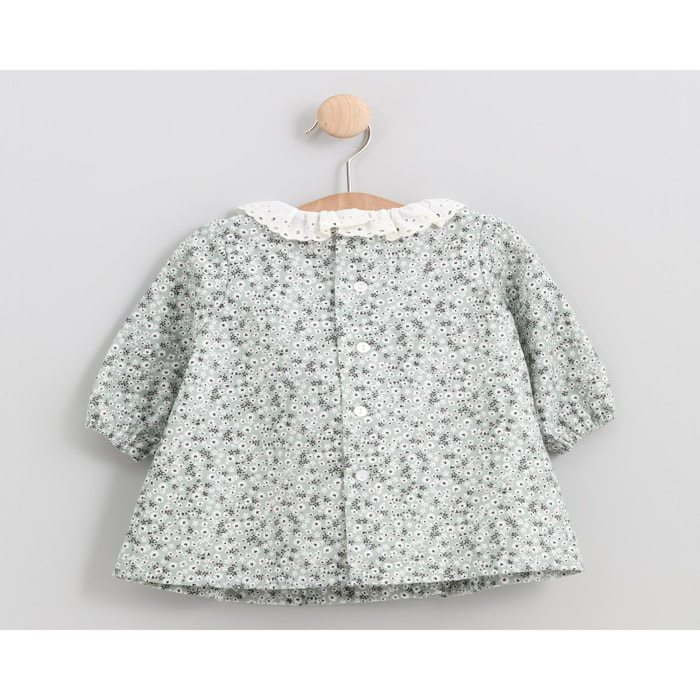 Vestido cuello volante bordado flor verde agua