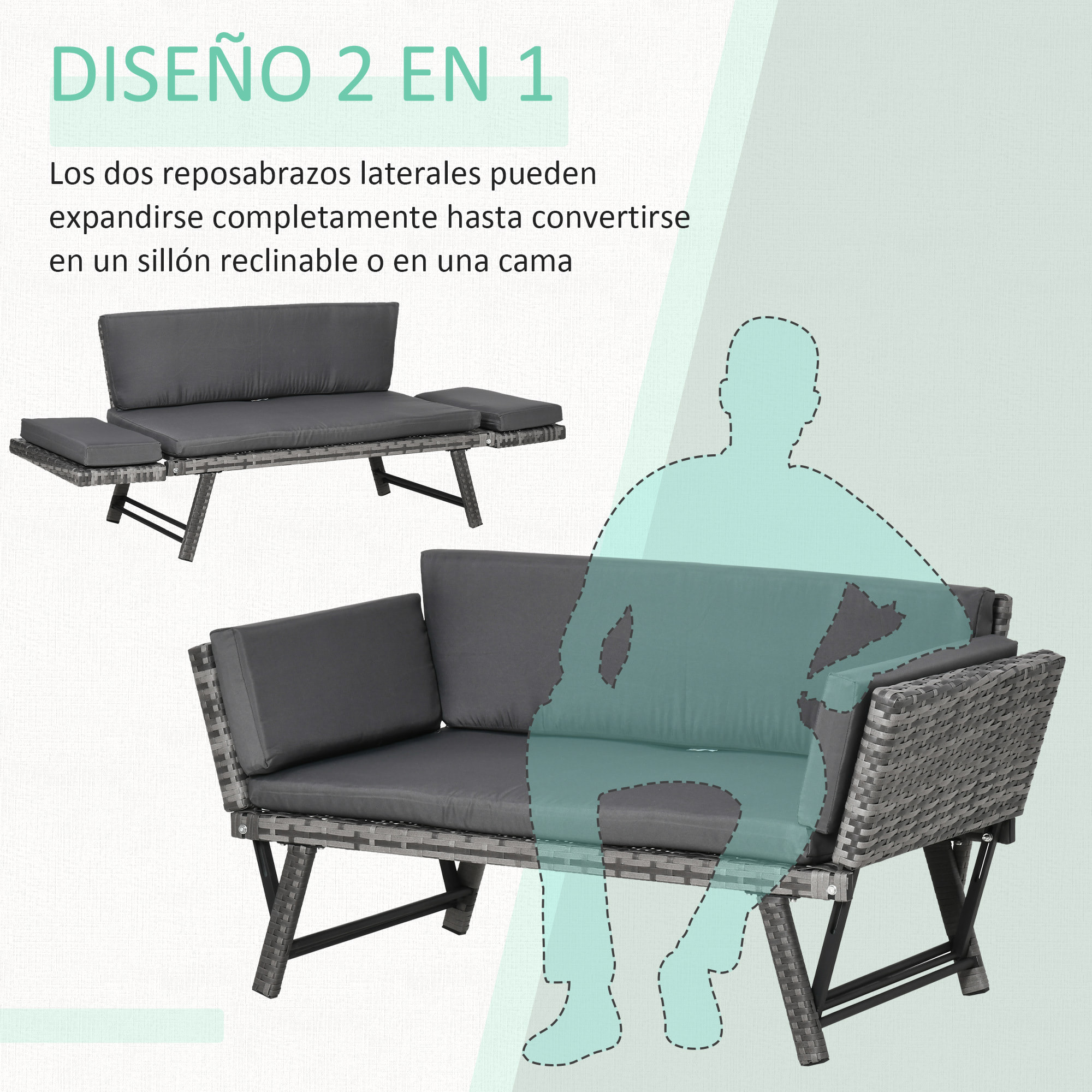 Outsunny Sofá de Ratán 2 Plazas Convertible Cama con Cojines Acolchados Gris