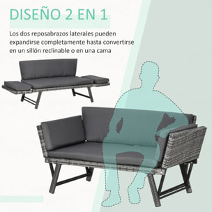 Outsunny Sofá de Ratán 2 Plazas Convertible Cama con Cojines Acolchados Gris