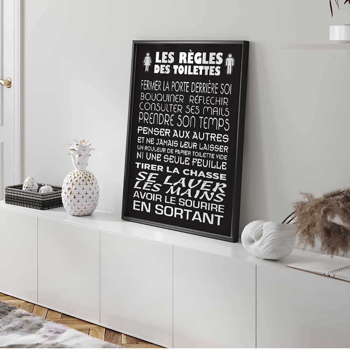 Affiche encadrée règles des toilettes typographie moderne fond sombre Affiche + cadre en métal - Noir