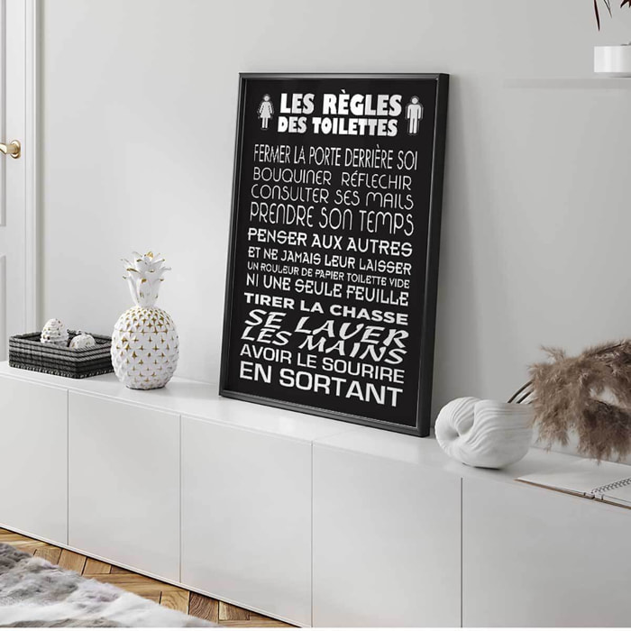 Affiche encadrée règles des toilettes typographie moderne fond sombre Affiche + cadre en métal - Noir