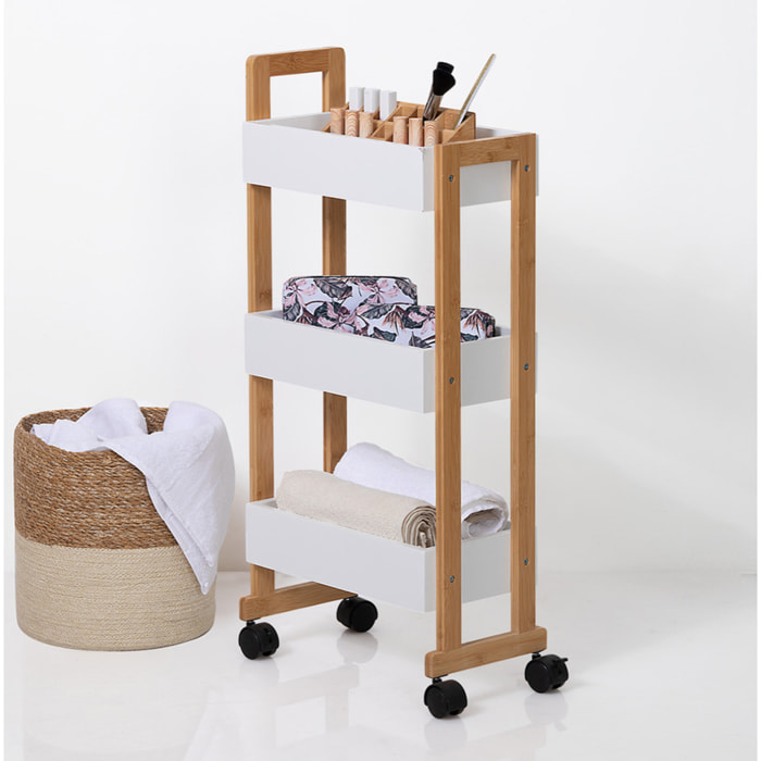 Desserte 3 niveaux à roulettes "Naturéo" bambou blanc
