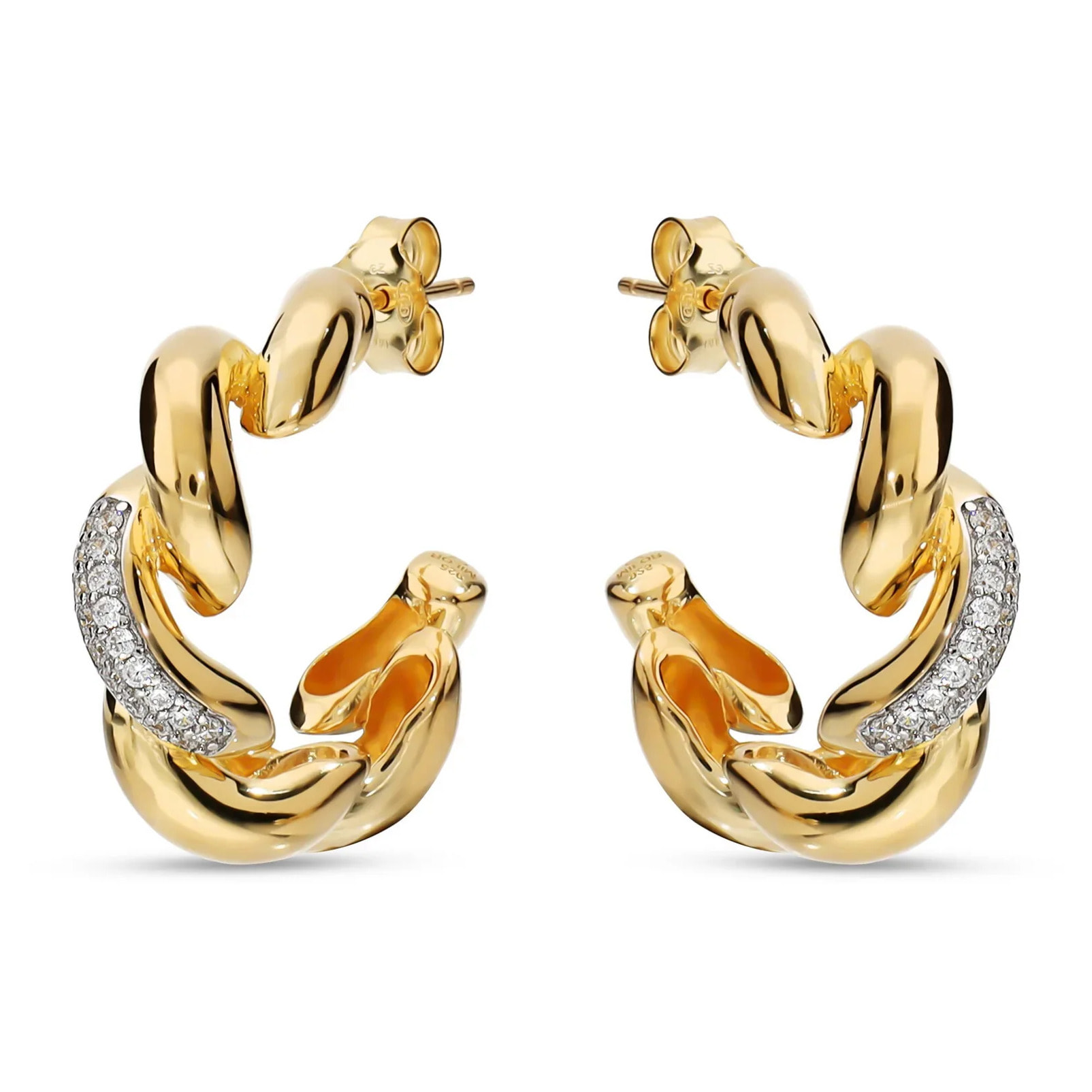 Orecchini Maglia San Marco in Argento 925 placcato Oro Giallo 18Kt con Pavé di Cubic Zirconia