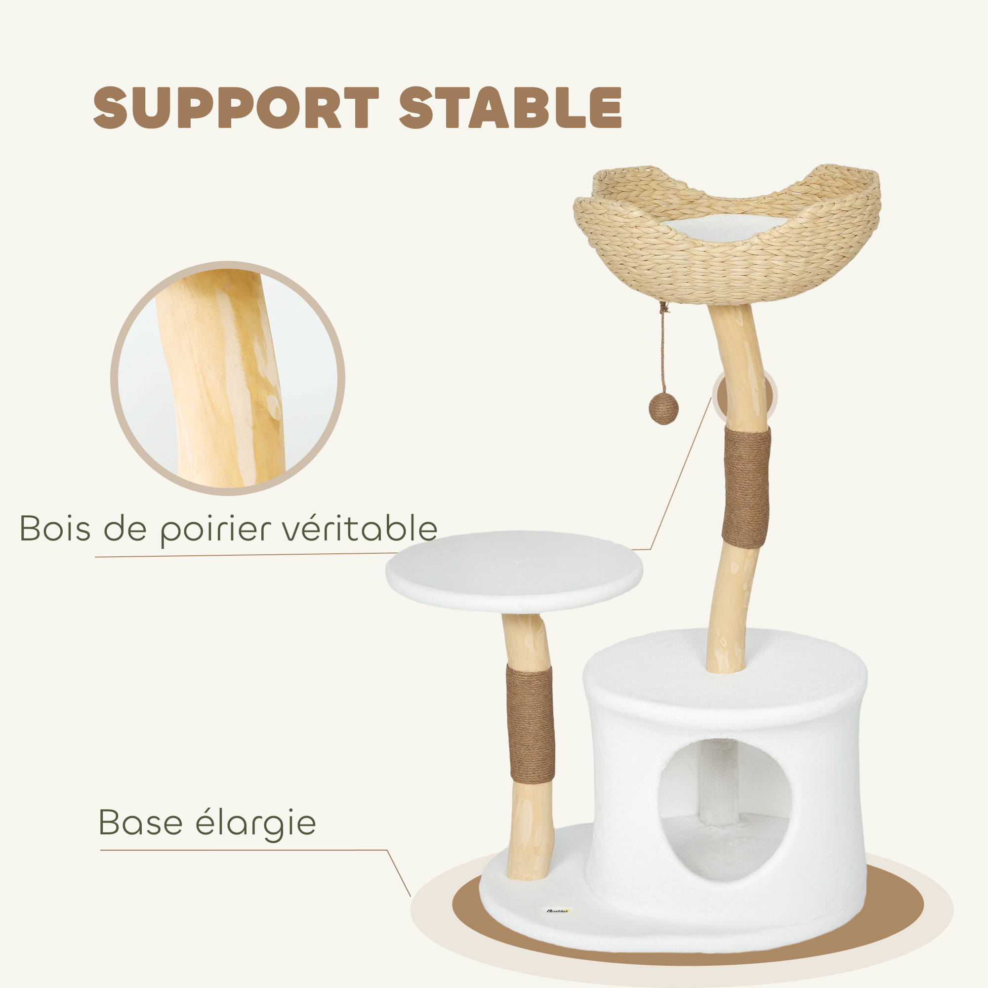 Arbre à chat bois design naturel griffoirs boule chanvre panier observation tressé coussin niche