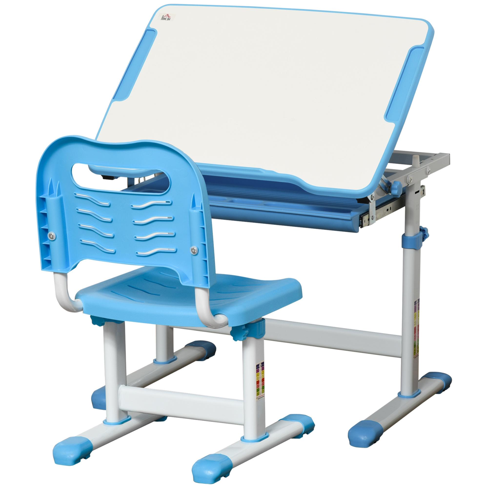 Pupitre Infantil 2 en 1 Juego de Escritorio y Silla para Niños de +6 Años con Altura Ajustable Mesa Regulable en Ángulo y Bandeja Deslizante 66x47x77 cm Azul