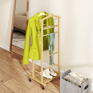 Galán de Noche de Bambú, Perchero con Ruedas, Colgadores de Ropa, Barras para Pantalones, Bandeja y Zapatero, Perchero Burro para Dormitorio, Pasillo, 47x33,7x105,5 cm, Natural