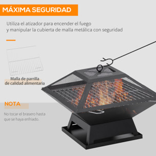 Brasero Exterior de Acero Pozo de Fuego para Jardín Multifuncional con Protector de Chispas y Atizador para Barbacoa Hogueras en Terraza Camping 45x45x34 cm Negro