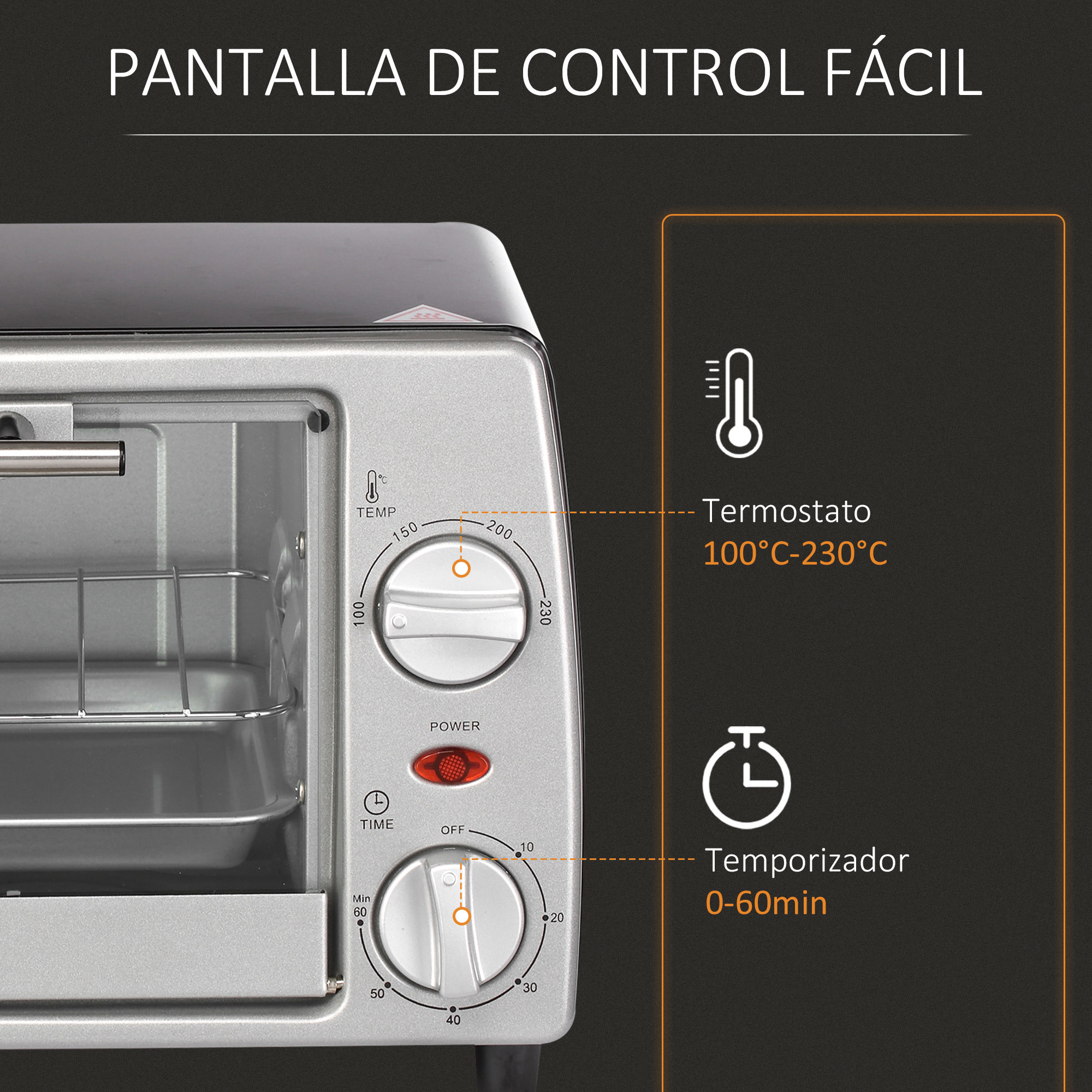 Horno Eléctrico Sobremesa 10 Litros 750W Horno Eléctrico Pequeño con Temperatura hasta 230 ℃ Temporizador 60 Minutos Bandeja y Rejilla 36,5x26x22 cm Plata