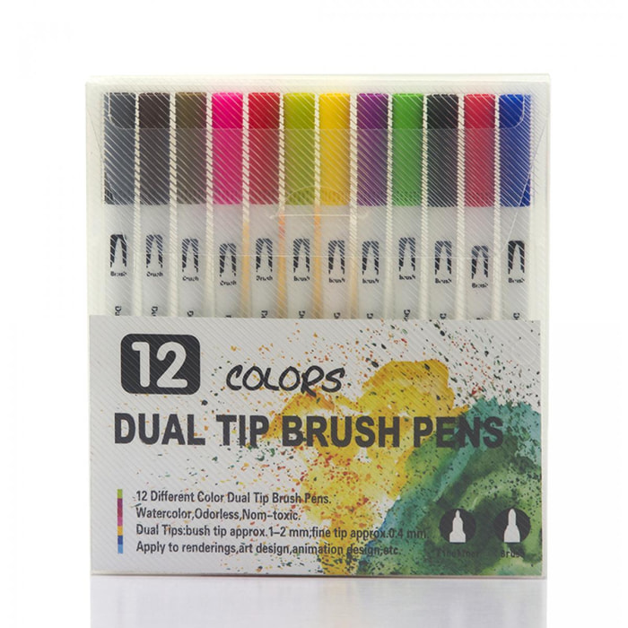 Set 12 Rotuladores BLACK LINE color doble punta, punta fina 0,4 mms y punta pincel acuarelable profesional. Forma redonda ergonómica para lettering, caligrafía, ilustraciones…