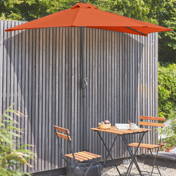 Parasol de balcon Ø250cm  – CALVI – Demi-parasol droit. mât central en aluminium avec manivelle d’ouverture. toile terracotta