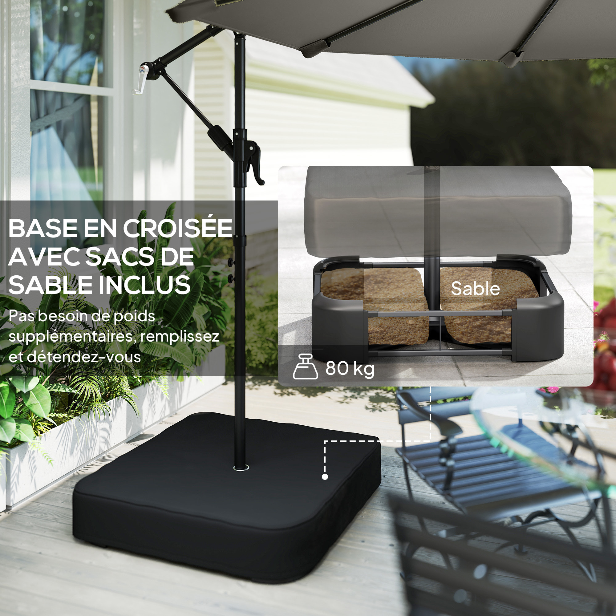 Parasol déporté rotatif 360 avec sac sable métal gris