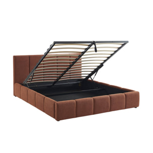 Lit coffre double avec sommier à lattes et tête de lit terracotta 160 x 200 cm bouclette texturée - Lex