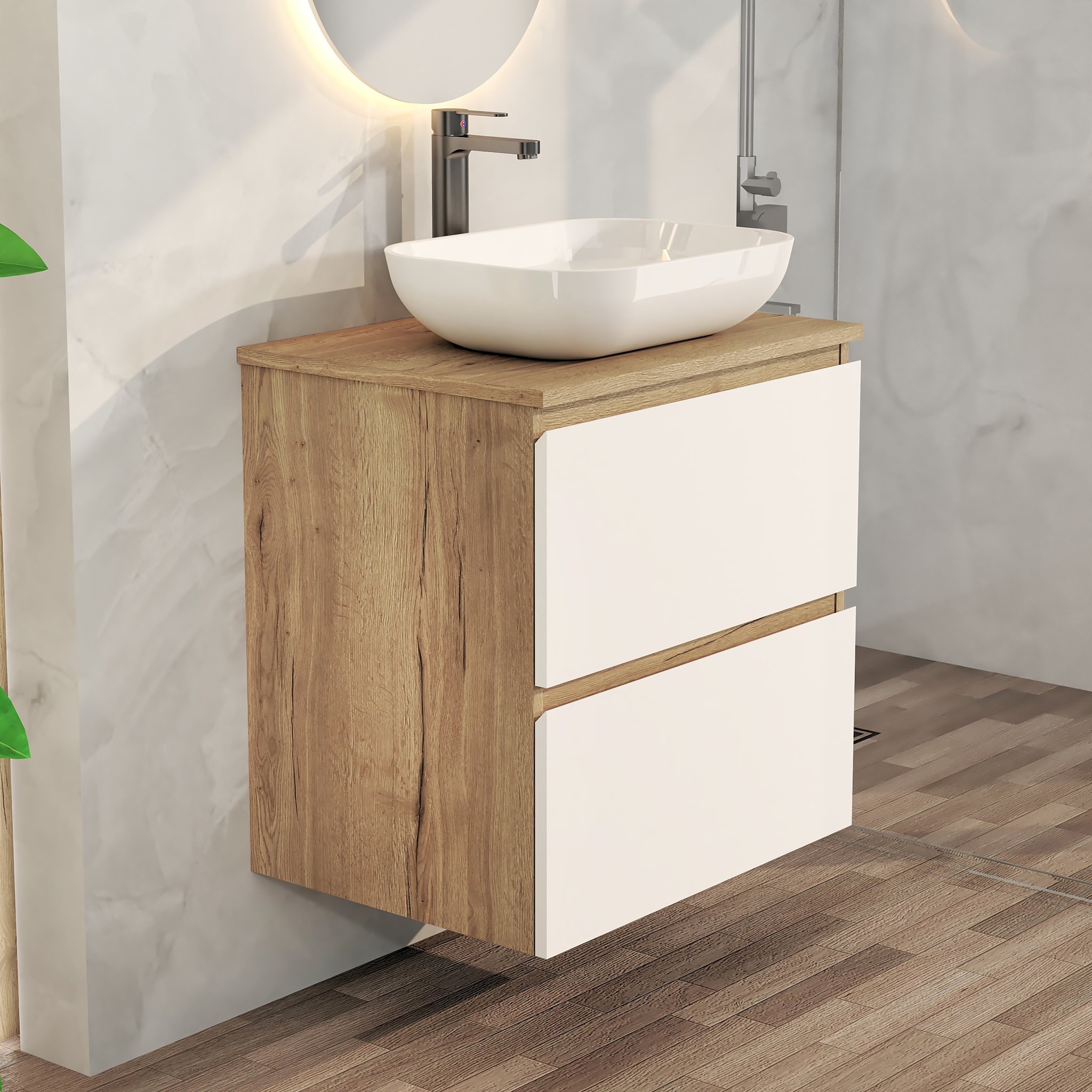 ENSEMBLE DE SALLE DE BAIN NIA | MEUBLE SUSPENDU | 60 CM BLANC | DEUX TIROIRS |LAVABO SUR PLAN | MIROIR NON INCLUS | MEUBLE MONTÉ | ALDAY